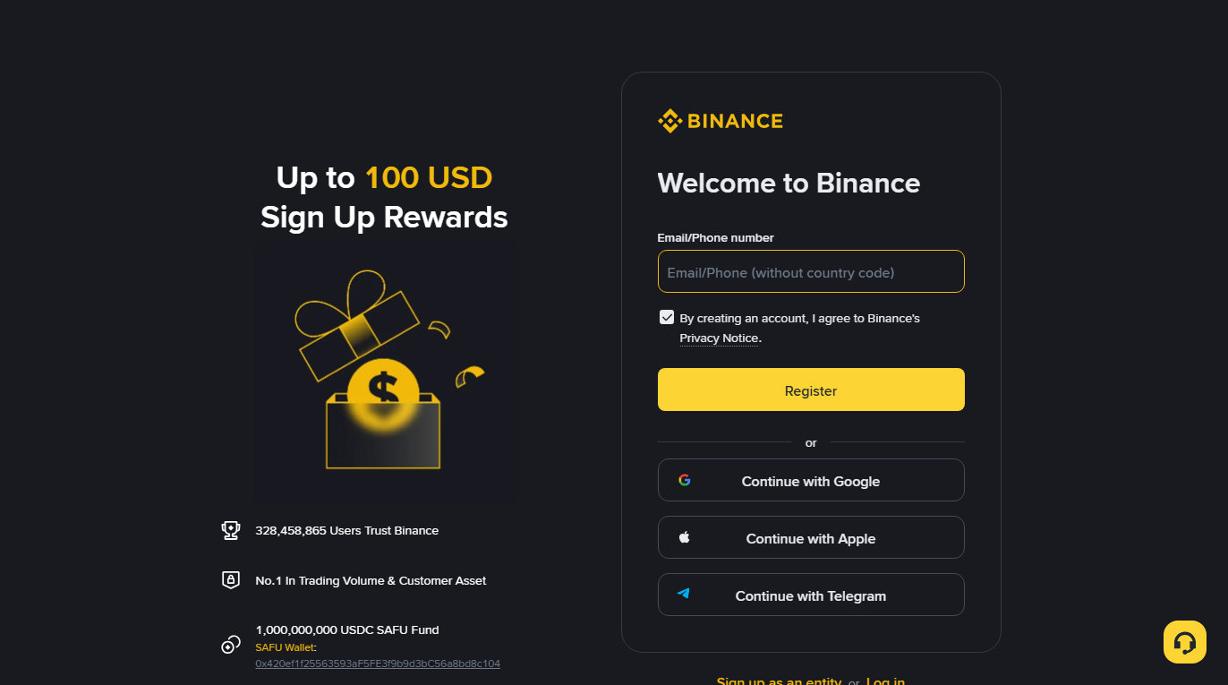 Screenshot of the Binance registration page: an email or phone field with a register button, and third-party sign-in options below