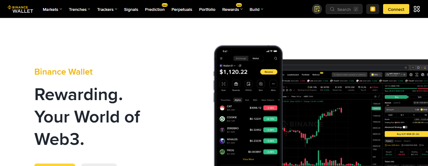 Screenshot of the public Binance Wallet product page showing the product name and download entry points