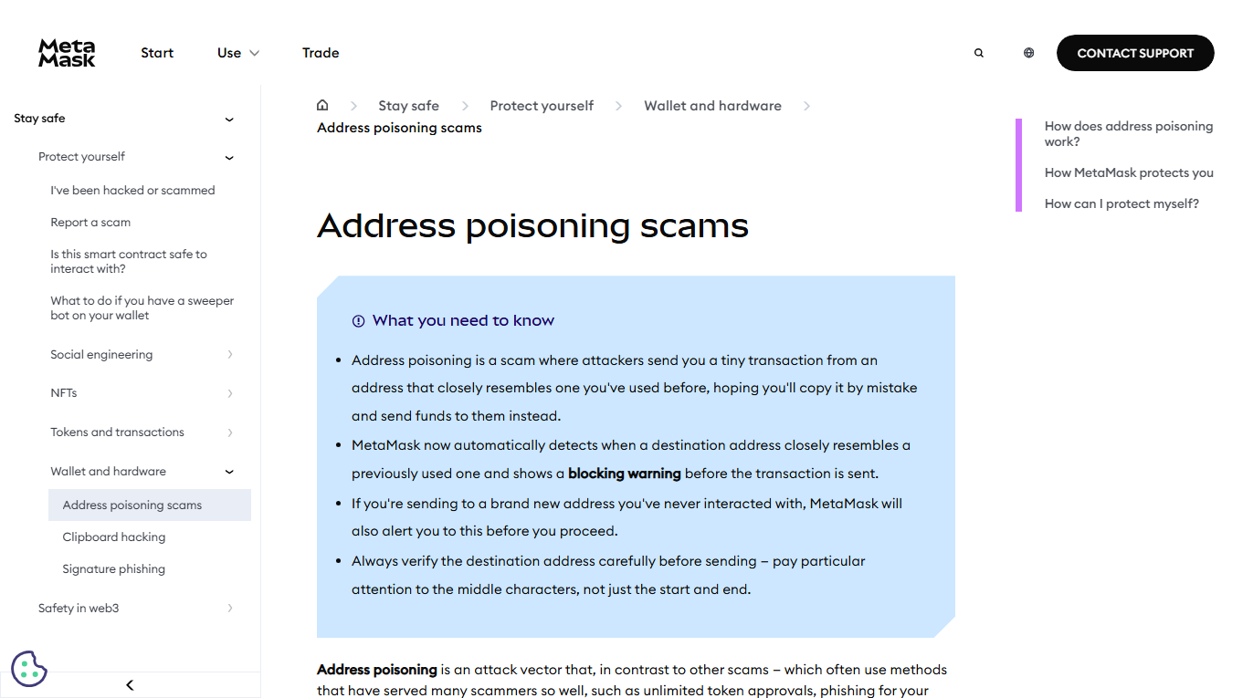 MetaMask Help Center page titled Address poisoning scams, with a blue What you need to know box listing four points