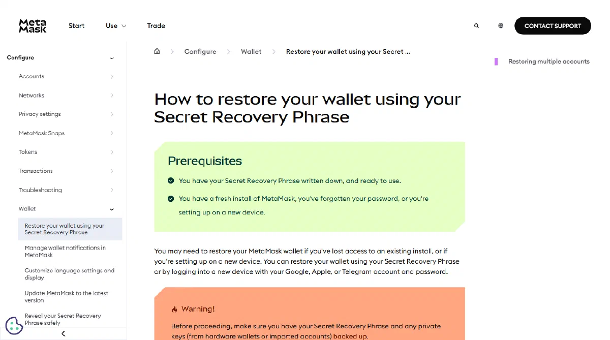MetaMask Help Center page How to restore your wallet using your Secret Recovery Phrase, with an orange warning box about backing up private keys from hardware wallets or imported accounts